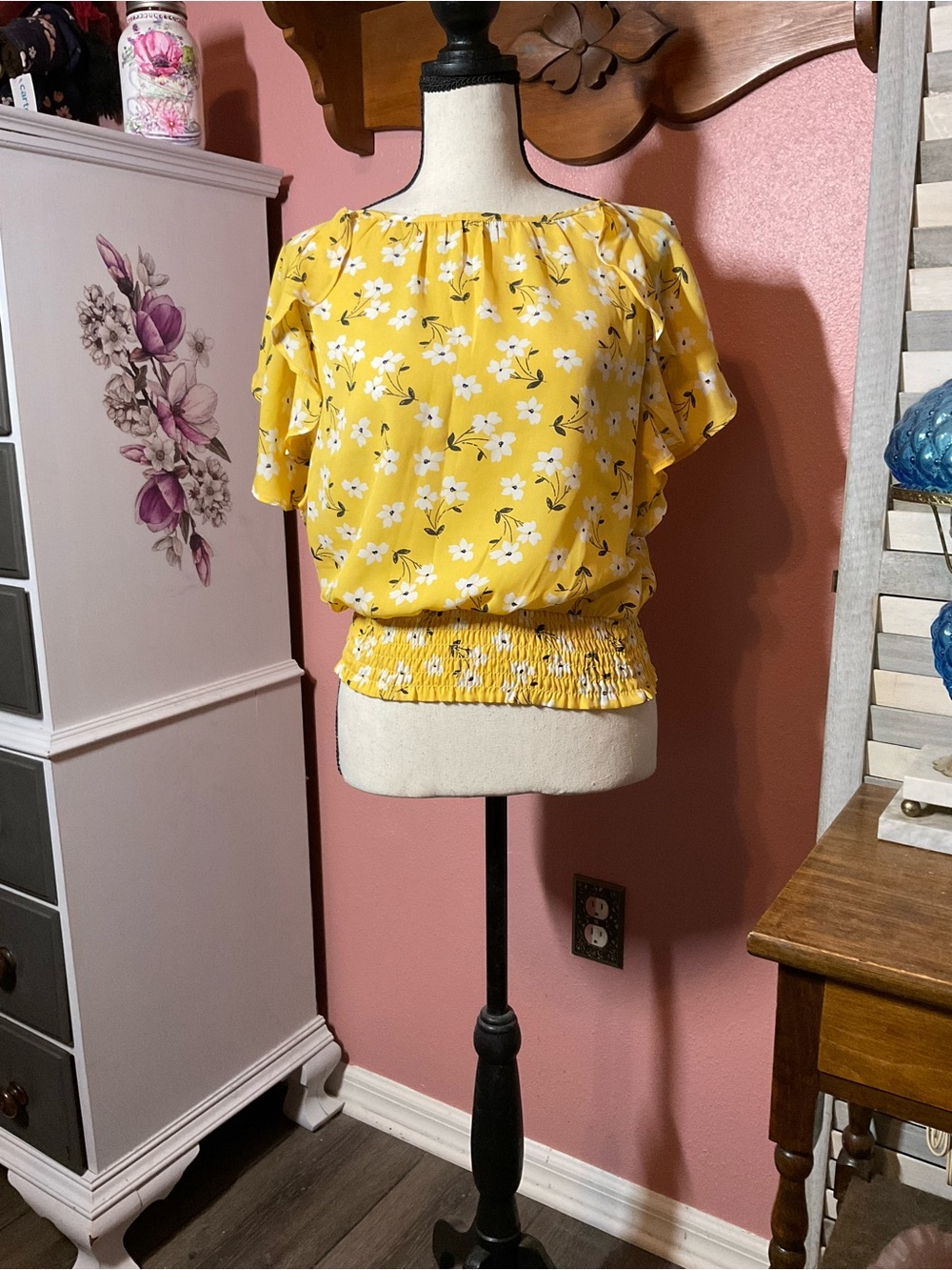 Monteau Yellow Floral Smocked Hem Flutter Sleeve Top